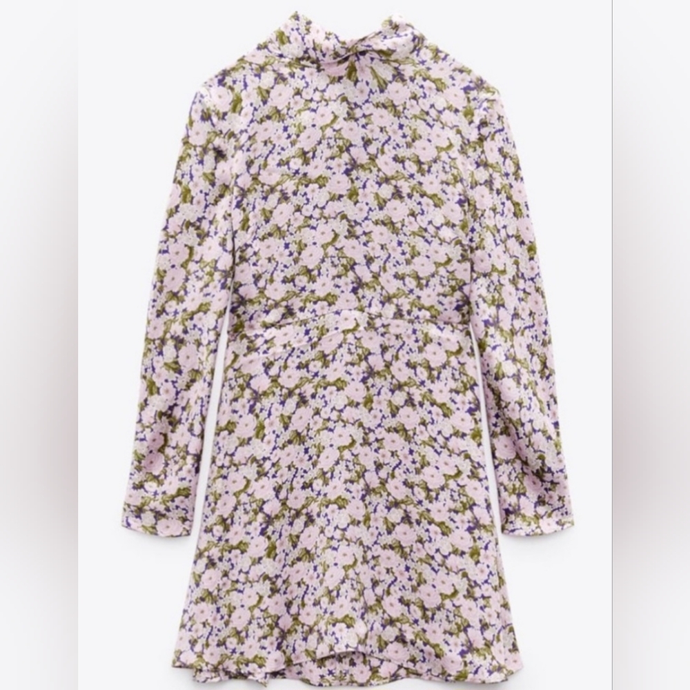 (SOLD) ZARA Satin Effect Mock Neck Longsleeve Dress XL, Purple/Green - Picture 3 of 12